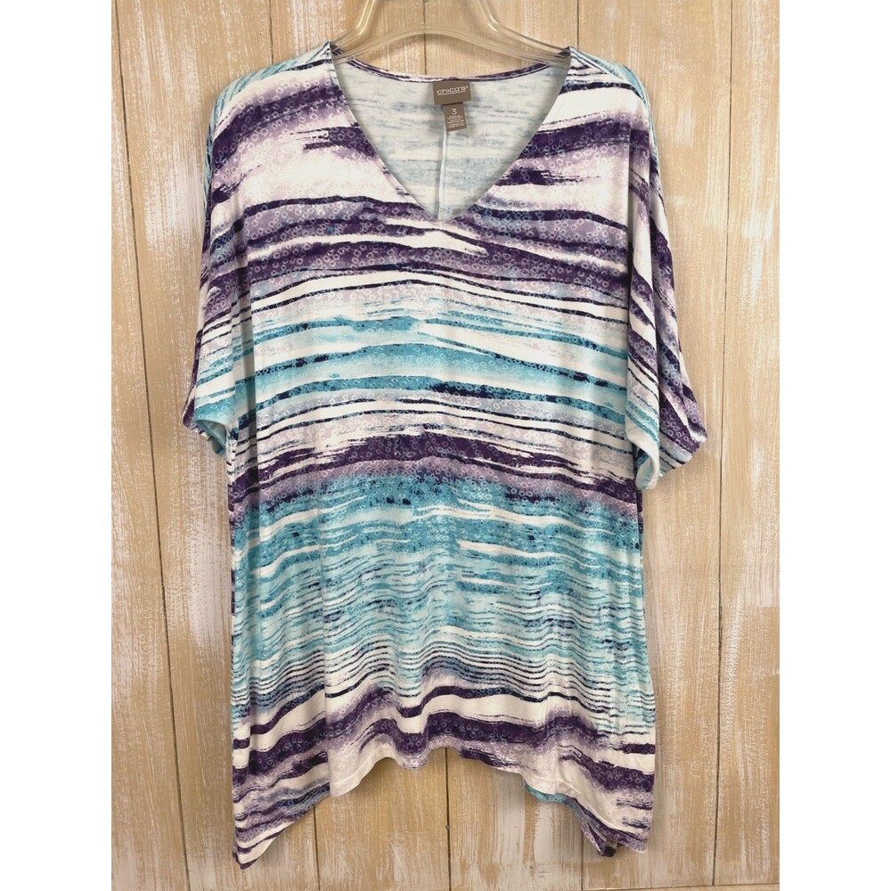 Chico’s Size 3 (XL) Blue Aqua Watercolor Stripe Modal V Neck Tunic Top